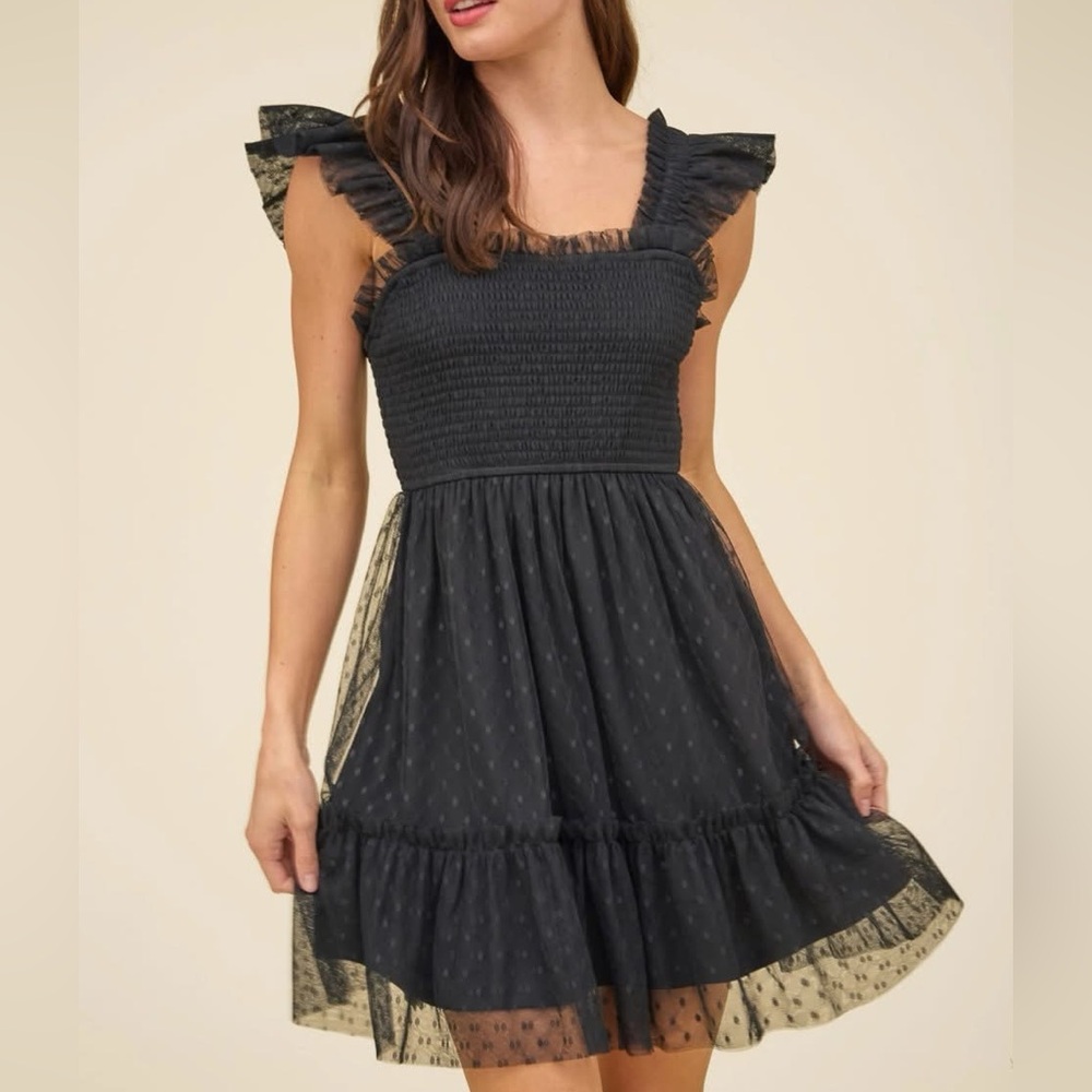 Boutique Elegant Black Dot Chiffon Ruffle Mini Dress